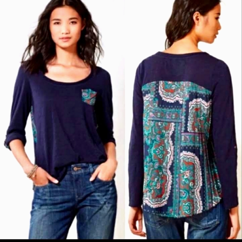 Anthropologie Navy Blue Paisley Flowy Long Sleeve Hi Lo Top Shirt Blouse Tunic